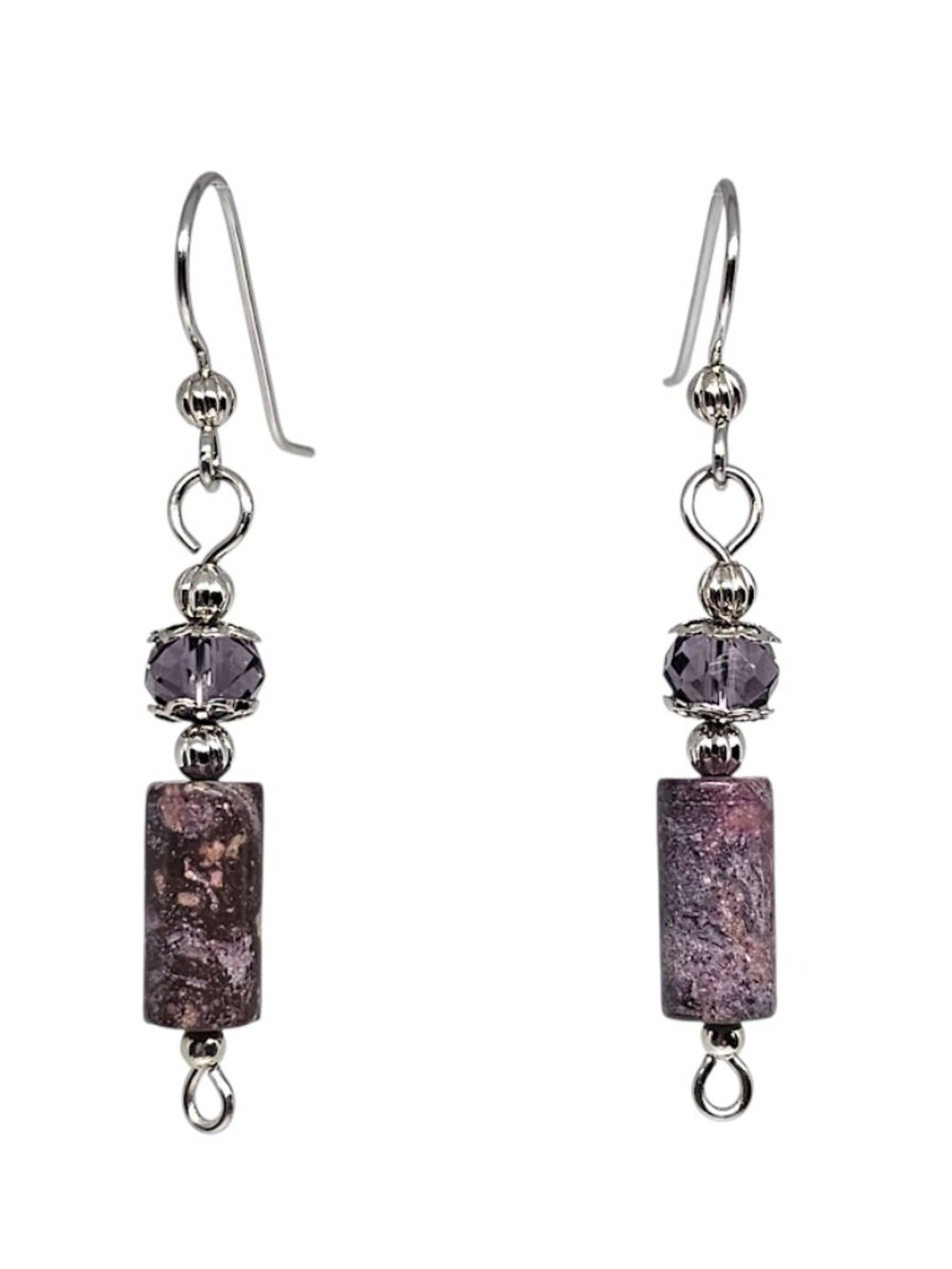 Purple Lepidolite Gemstone Beaded Silver Dangle Earrings Handmade Boho Drop